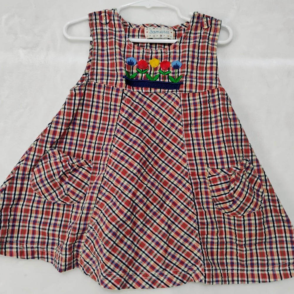 Vtg Samara 2T Red Plaid Jumper Dress Embroidered Flowers‎ Pockets Summer